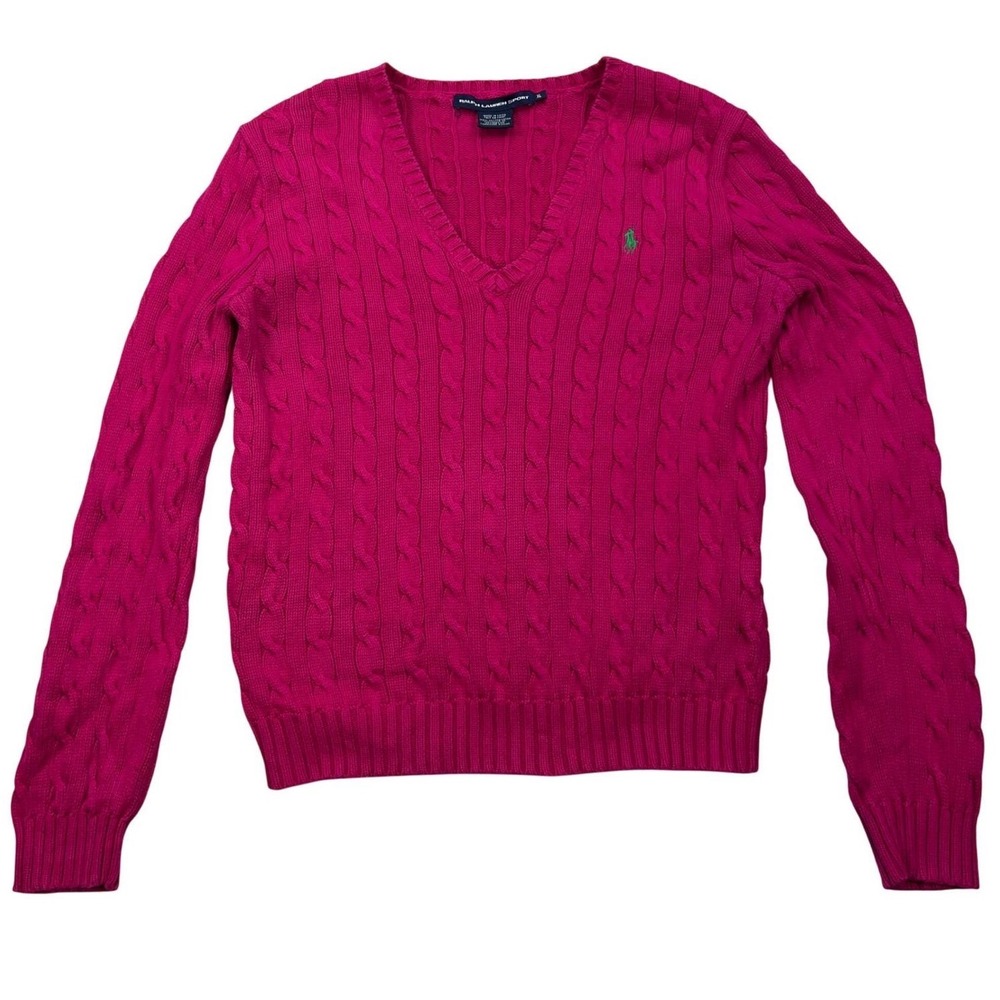 VTG Ralph Lauren Sport V-Neck Cable Knit Sweater Womens XL Pink Cotton Pony READ